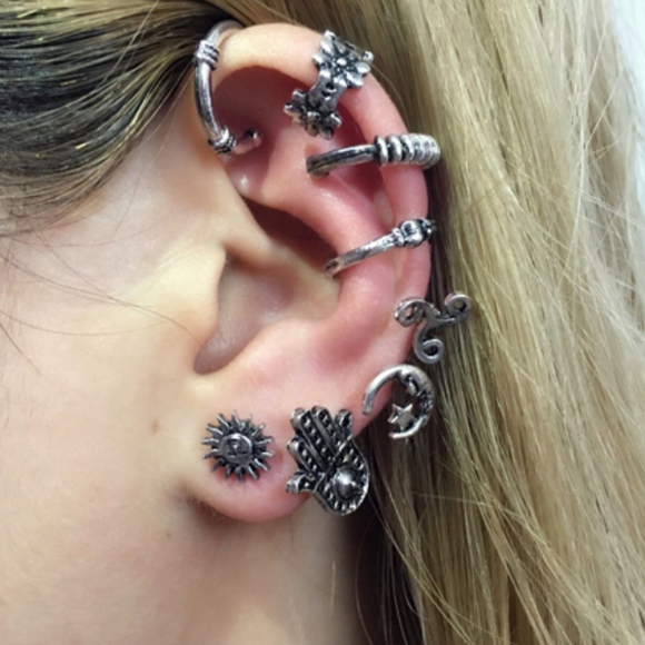 Jewelry - Boho Tibetan Silver Hamsa Ear Cuff Wrap Studs 8pc